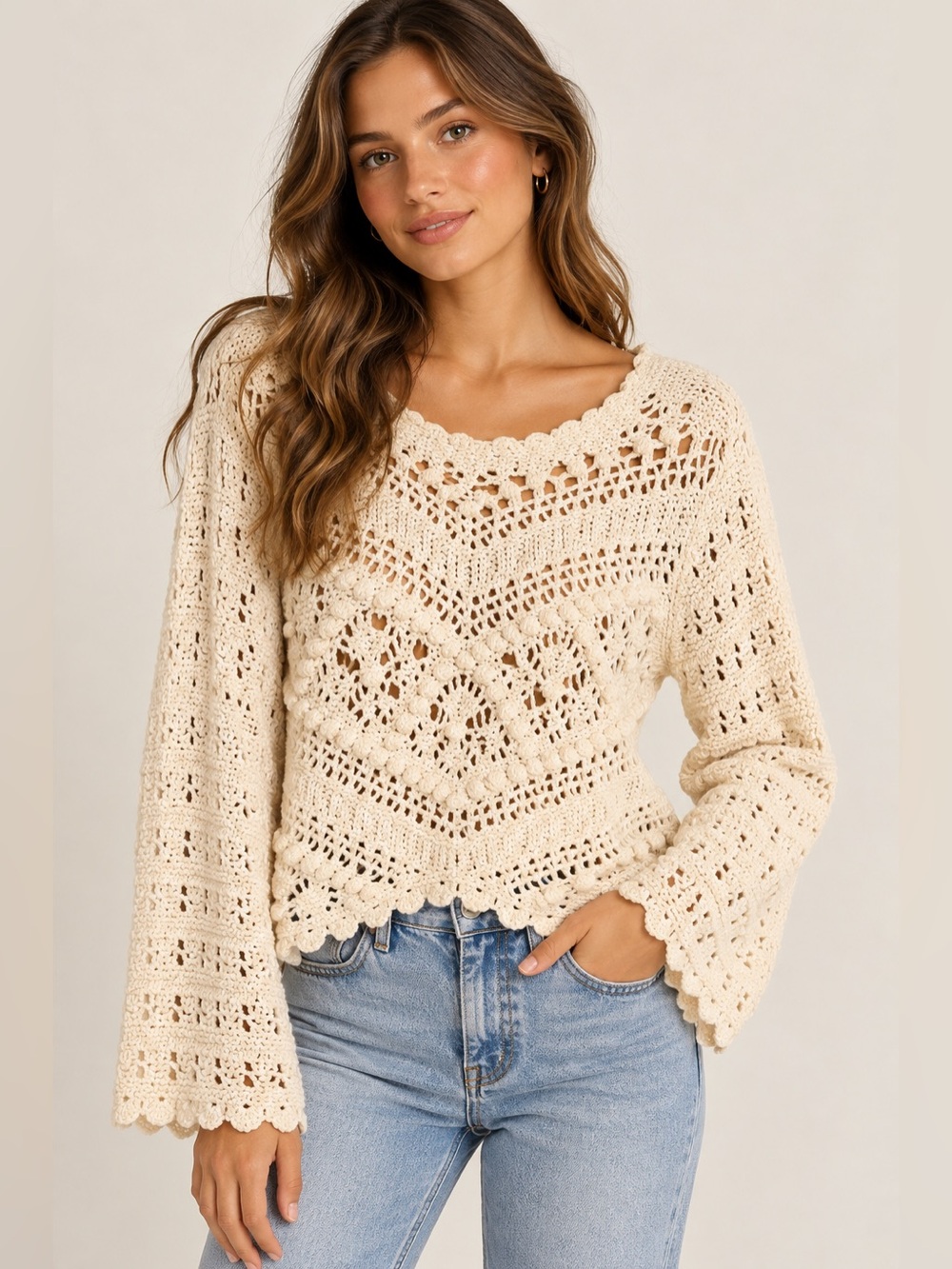 Cream Crochet Knit Sweater - Brand: